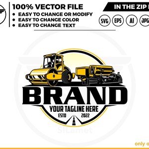 May include: A black and yellow logo with the word "BRAND" in large, bold letters. The logo features a yellow road roller and a yellow dump truck. The text "YOUR TAGLINE HERE" is below the word "BRAND". The text "ESTO 2022" is below the tagline.