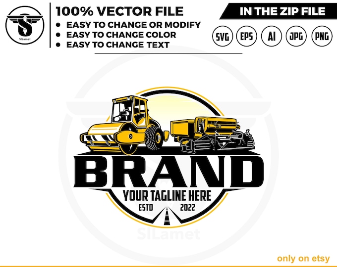 road roller and asphalt paver logo, road roller svg, road repair, asphalt road repair, heavy equipment logo, heavy equipment vehicle svg