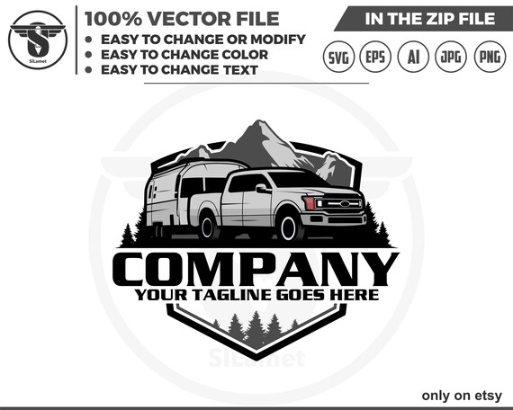 pickup pulling camper LOGO, campervan svg, Camper van logo, travel van car, camper van vector isolated logo design