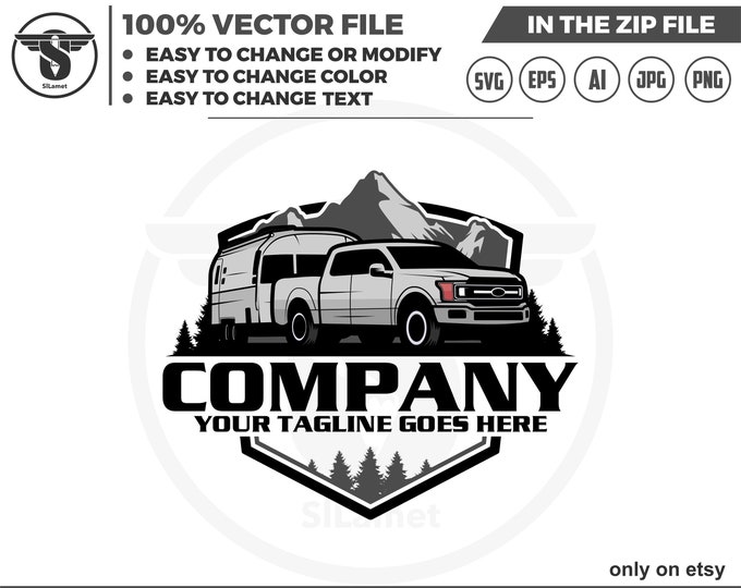 pickup pulling camper LOGO, campervan svg, Camper van logo, travel van car, camper van vector isolated logo design
