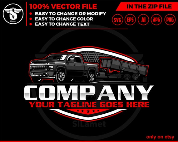 pickup and dump trailer logo - pickup and Bumper Pull Dump Trailer - trailer towing logo - dump rental Logo - Chevrolet 2500