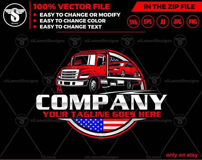 America Tow Flatbed Truck Logo - USA Towing Logo - Flatbed Hauling logo - Patriotic Tow Truck - Roadside Recovery logo