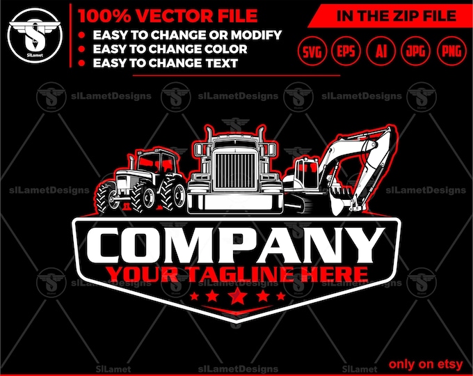 equipment vehicles logo, heavy equipment logo, dump truck, tractor, excavator logo
