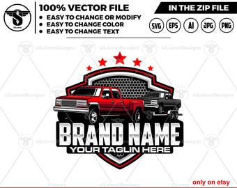 May include: A red and black truck logo with a white background. The truck is towing a smaller black truck. The logo has a silver shield with the text "BRAND NAME" and "YOUR TAGLIN HERE" in a silver font. There are five red stars above the shield.