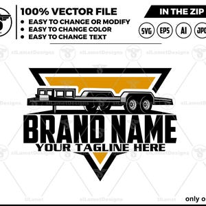 May include: Black and white logo design featuring a trailer truck with a yellow bed. The logo is set inside a black triangle with the text "BRAND NAME" and "YOUR TAGLINE HERE" below the truck.