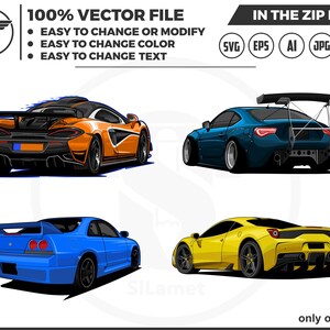 以下が含まれることがあります： ベクターファイル形式の異なる4つの車のイラスト。車は青と白のスポーツカー、黄色のスポーツカー、青のスポーツカー、オレンジのスポーツカーです。車はすべて視聴者に向かっており、リアルなスタイルです。