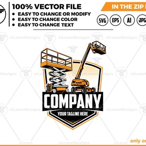May include: Vector file featuring two orange construction lifts, a scissor lift and a boom lift, with the text "COMPANY" and "YOUR TAGLINE HERE". Includes file type icons and text: "100% VECTOR FILE".