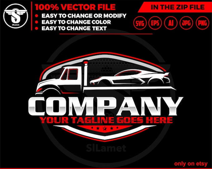 flat bed tow truck logo - flat bed towing - towing truck logo - towing service logo
