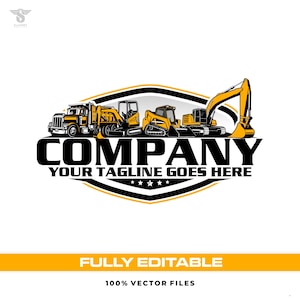 May include: Logo design featuring construction vehicles in yellow and black. The word "COMPANY" is prominently displayed, with "YOUR TAGLINE GOES HERE" below. The design includes a truck, excavator, and other heavy machinery.