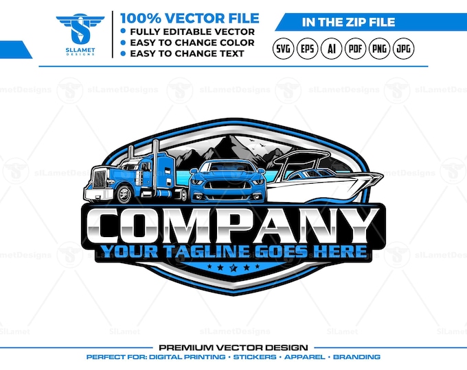 Vehicle Rental Logo Design: Truck Car Boat Branding, Transport Hire Vector, Automotive Marine Rental, Logistics & Rental Logo