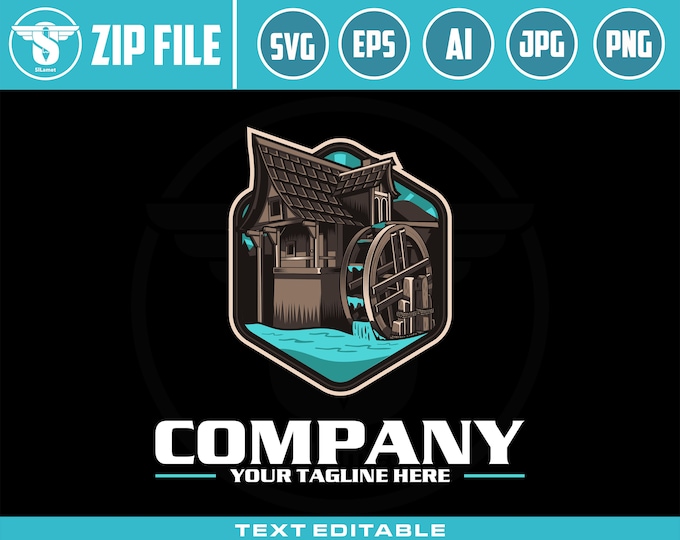 Water Mill Logo: House & Wheel Graphic (Digital Download)