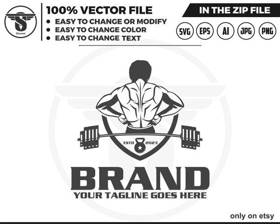 gym logo - Fitness Gym logo - muscular man back view logo - weightlifting barbell