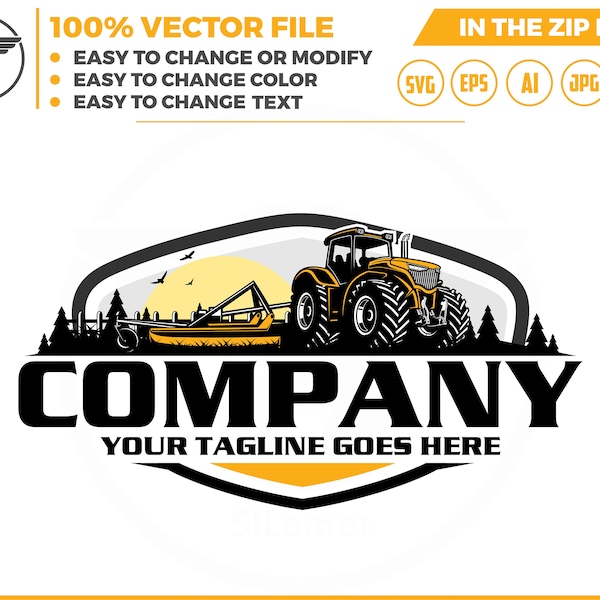 Tractor Farm with bush hog hooked  logo Template - farm logo- tractor logo - farming tractor logo