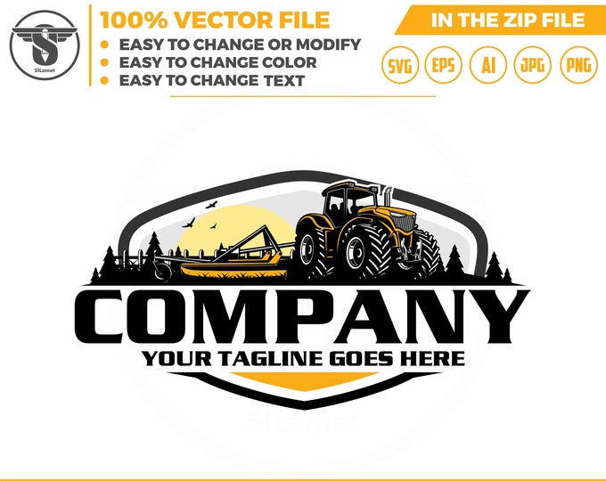 Tractor Farm with bush hog hooked  logo Template - farm logo- tractor logo - farming tractor logo