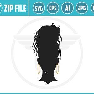 May include: Silhouette of a person with long, curly hair, wearing large gold hoop earrings. The silhouette is black against a white background.