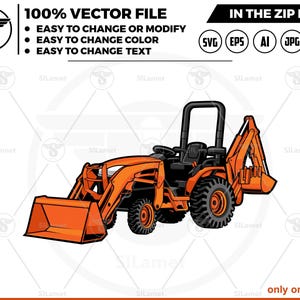 May include: An orange and black cartoon illustration of a small tractor with a front loader. The tractor has a black cab with a steering wheel and a seat. The front loader is raised and has a bucket.