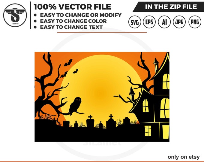 Halloween Tree SVG: Scary Haunted House Background (Digital Download)
