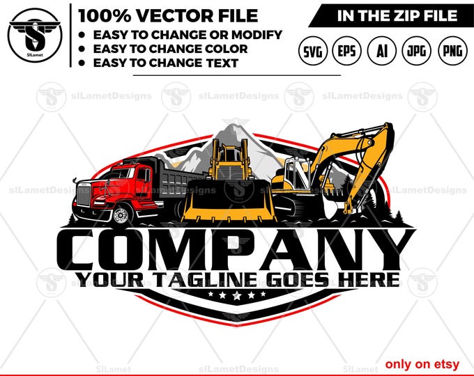 equipment vehicles logo - heavy equipment logo - bulldozer - dump truck - excavator - heavy equipmen mountain - excavator mountain