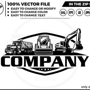 May include: Black and white logo design featuring a dumper truck, a bulldozer, and an excavator. The text "COMPANY" is displayed in a bold font below the vehicles.