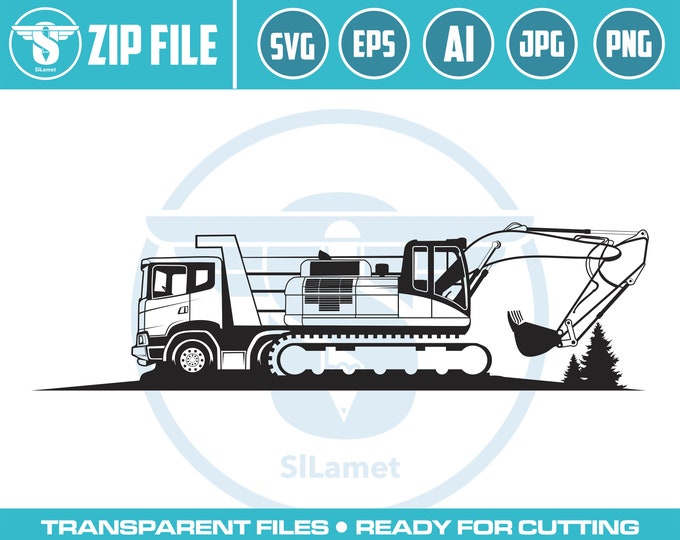 dump truck and excavator svg, truck and excavator svg, excavator svg, excavator silhouette, digger svg,heavy equipment svg, cut file, truck
