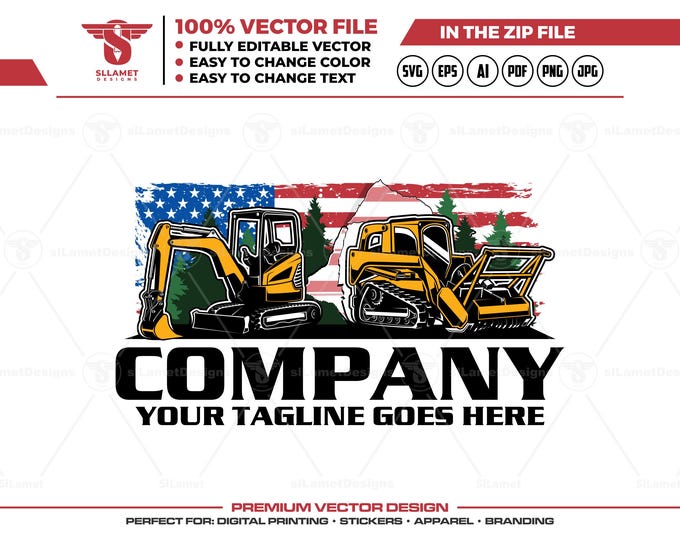 Excavating and Grading Logo: Compact Track Loader Design, Patriotic Construction SVG, Mulching and Land Management Branding Heavy Machinery