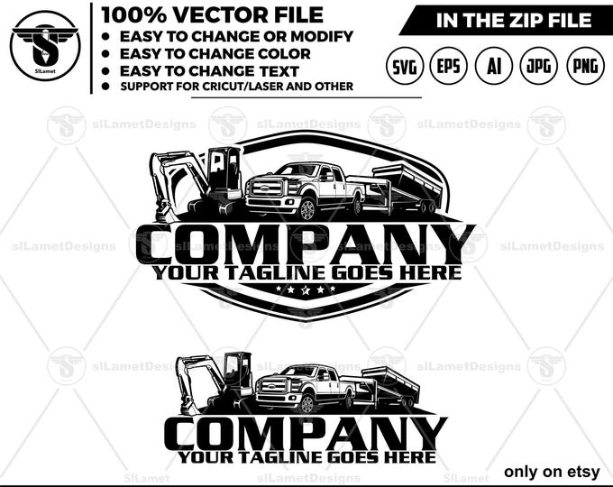 pickup truck dump trailer and mini excavator logo - equipment rental logo - Heavy Equipment logo - Construction Logo, silhouette, cricut