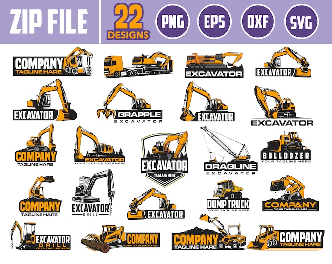 equipment vehicles logo Excavator Bulldozer Truck Construction Vehicle Loader Digger Builder Building Build Mine Mining Tool Dig SVG FILE