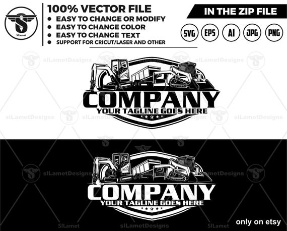 equipment vehicles logo - Skid steer loader, gooseneck dump trailer,  dump trailer, mini excavator - heavy equipment svg