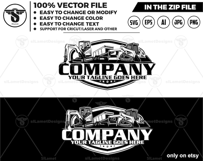 equipment vehicles logo - Skid steer loader, gooseneck dump trailer,  dump trailer, mini excavator - heavy equipment svg