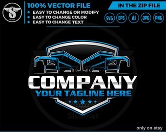 Logotipo azul editable de remolque de volteo, SVG de camioneta, logotipo de alquiler de contenedores (descarga digital)
