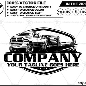 May include: Black and white illustration of a pickup truck pulling a trailer. The truck has a large, bold "COMPANY" text above it and "YOUR TAGLINE GOES HERE" below it. The text is in a bold, sans-serif font.