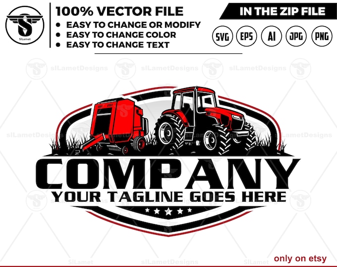 Tractor and round hay baler - New holland tractor round baler logo- Tractor Farm Logo Template - farm logo- tractor logo
