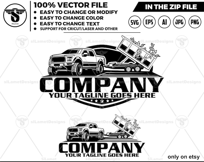 pickup and dump trailer logo - pickup and Bumper Pull Dump Trailer - dump towing logo - dump rental Logo -  dump trailer service