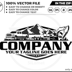 pickup and dump trailer and excavator logo, pickup and trailer logo - trailer towing logo - towing Company Logo - pickup and flatbed trailer