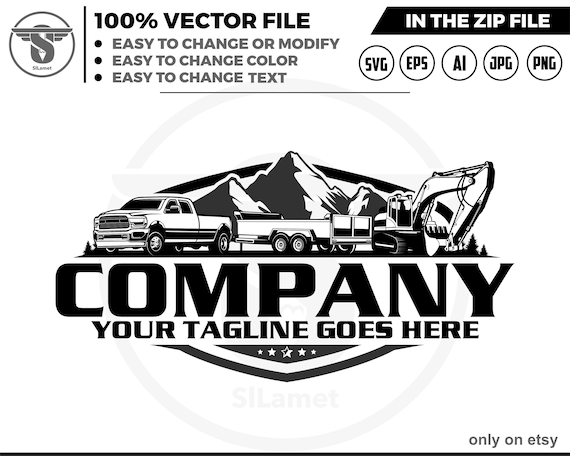 pickup and dump trailer and excavator logo, pickup and trailer logo - trailer towing logo - towing Company Logo - pickup and flatbed trailer