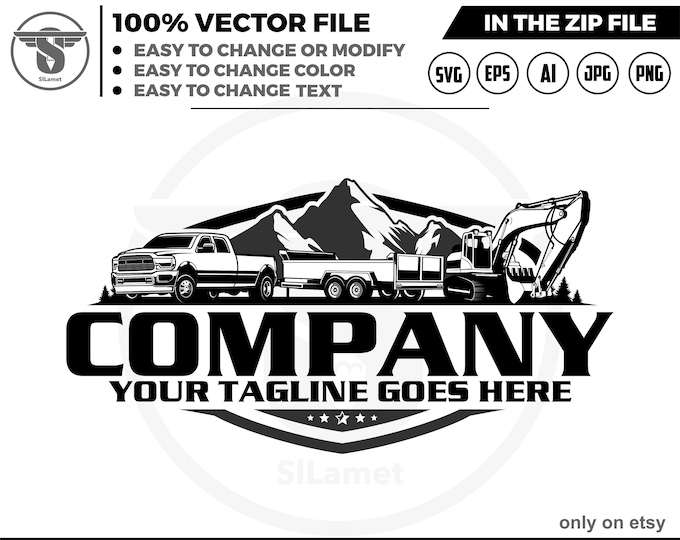 pickup and dump trailer and excavator logo, pickup and trailer logo - trailer towing logo - towing Company Logo - pickup and flatbed trailer
