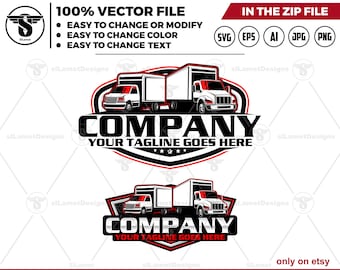Puede incluir: Archivo vectorial con un logotipo de empresa que presenta un diseño de camión y remolque. El logotipo incluye el texto "COMPANY" y "YOUR TAGLINE GOES HERE". Disponible en formatos SVG, EPS, AI, JPG y PNG. Fácil de modificar.
