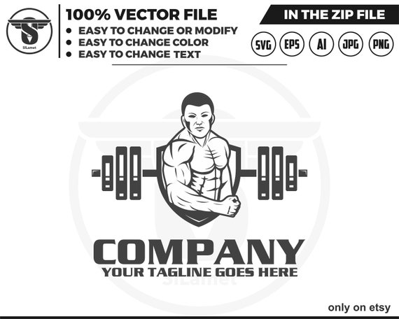gym logo - Fitness Gym logo - muscular man logo - weightlifting barbell