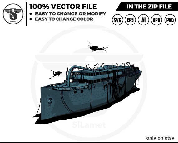 vector sunken ocean liner, sunken passenger ship svg, sea diver svg, diver svg