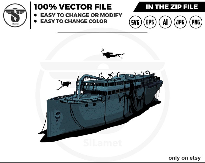 vector sunken ocean liner, sunken passenger ship svg, sea diver svg, diver svg