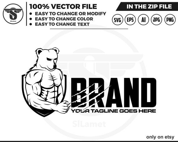 bear muscular - gym logo - Fitness Gym logo - muscular - weightlifting barbell