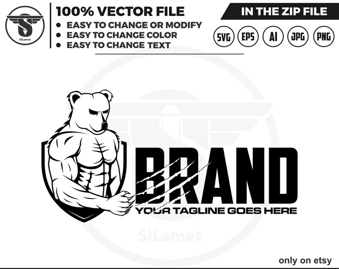 bear muscular - gym logo - Fitness Gym logo - muscular - weightlifting barbell