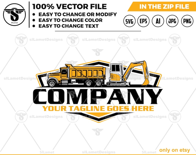 dump truck and mini excavator Logo - Construction logo : side view