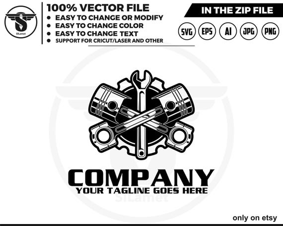 pistons car logo - car service logo - car repair logo template - piston and wrench - piston silhouette  - piston for cricut