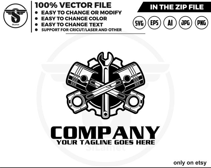 pistons car logo - car service logo - car repair logo template - piston and wrench - piston silhouette  - piston for cricut