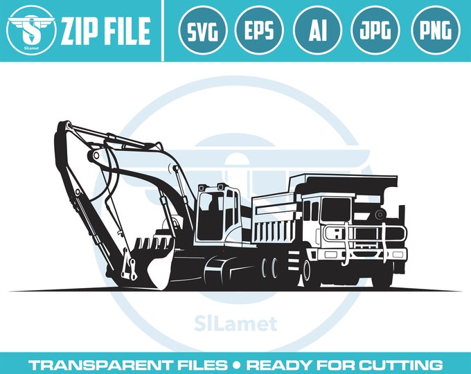 dump truck and excavator svg, truck and excavator svg, excavator svg, excavator silhouette, digger svg,heavy equipment svg, cut file, truck