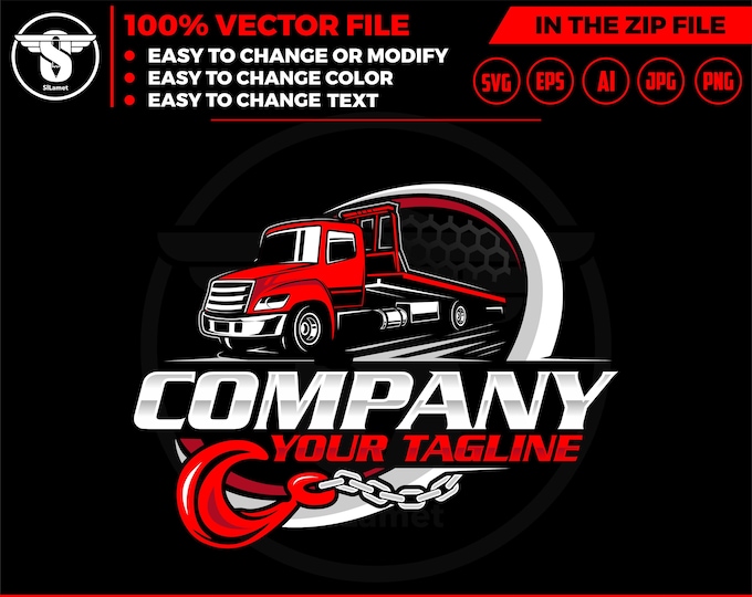 flat bed tow truck logo - flat bed towing - towing truck logo - towing service logo