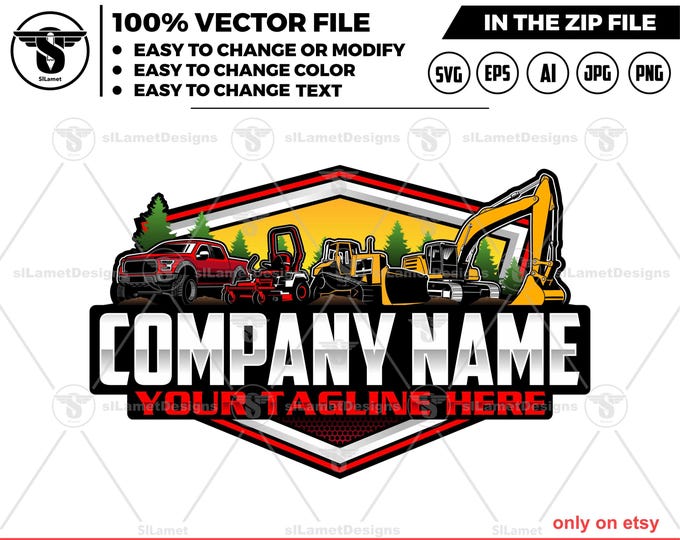 equipment vehicles logo,pickup truck, zero turn, bulldozer, excavator, heavy equipment rental logo, heavy equipment repair logo
