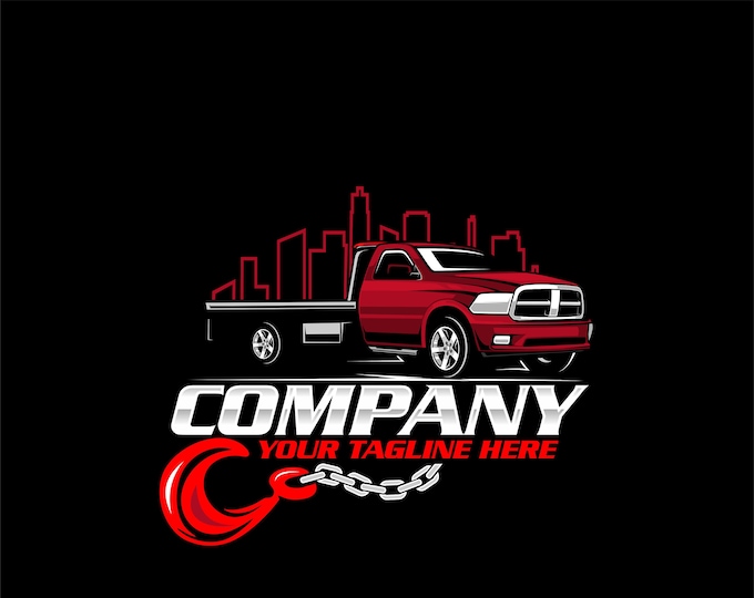 tow truck flat bed and city logo, towing truck city logo, towing logo template, towing chain svg, tow truck logo, towing service logo