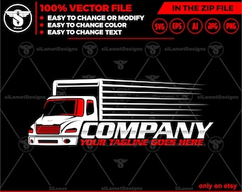 Puede incluir: Un logotipo de camión de reparto blanco con detalles rojos, las palabras "COMPANY" y "YOUR TAGLINE GOES HERE" en rojo, y un efecto de línea de velocidad blanca detrás del camión.